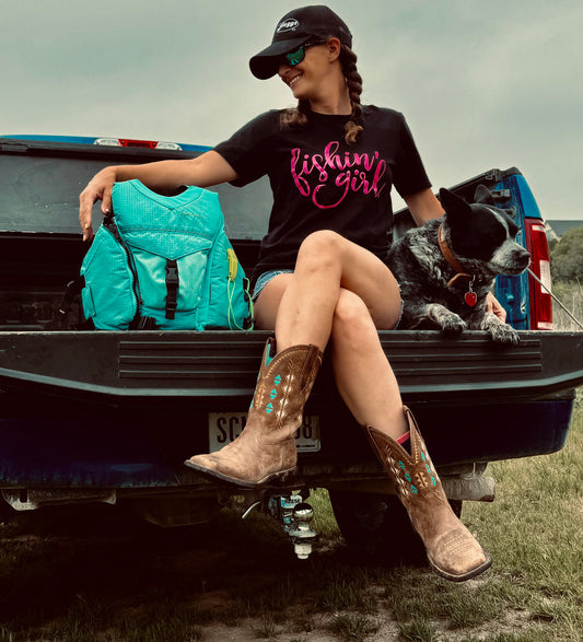 Black and Pink Fishin’ Girl T-Shirt – Women’s Fishing Shirt with Logo Front Print